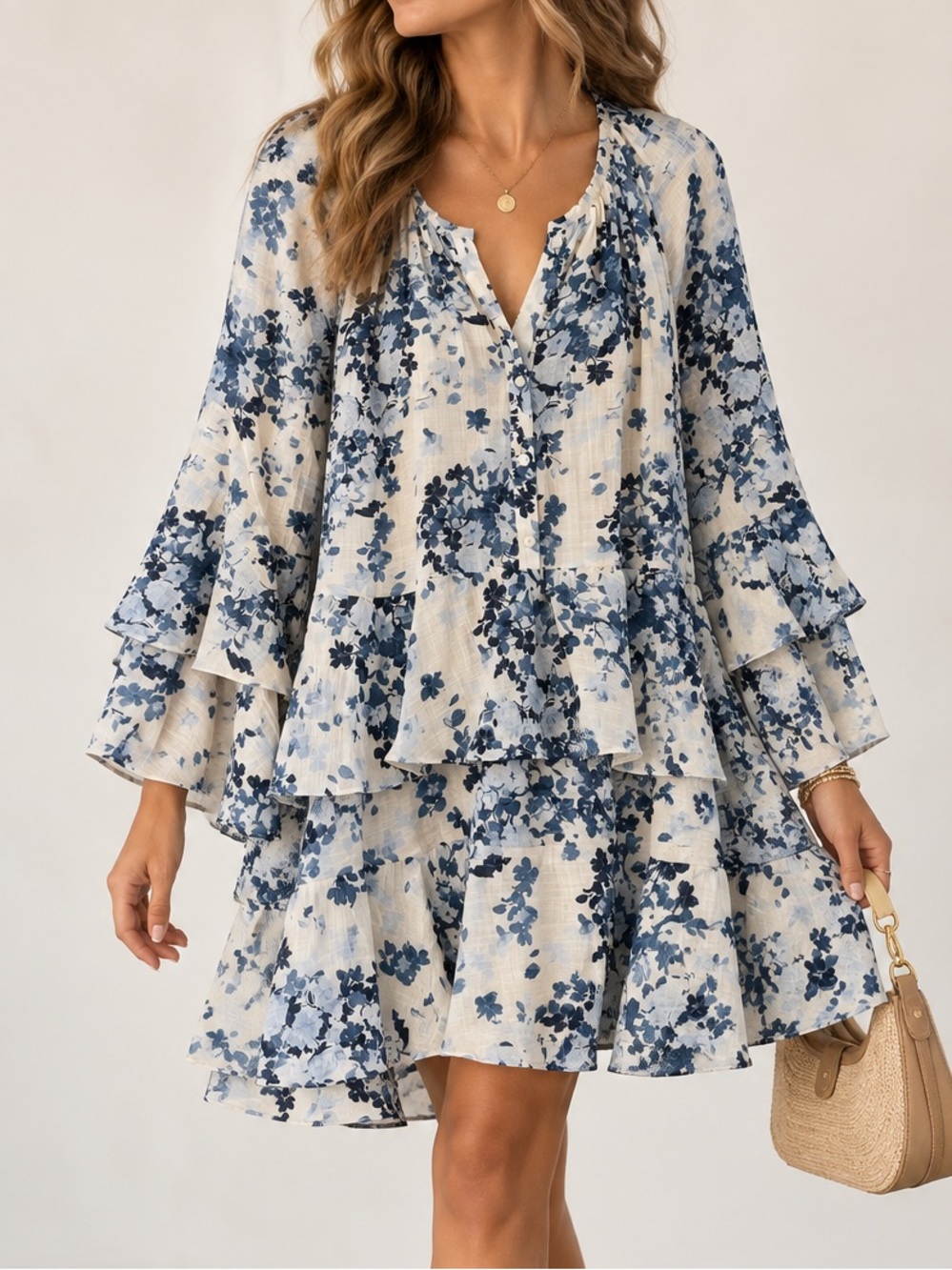 Maeve Anthropologie Blue Floral Ruffle Tiered  dress XS Boho